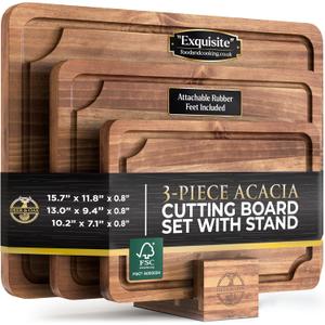 Deer & Oak 3-Piece Acacia Chopping Board Set with Stand, Pre-Oiled Wooden Chopping Boards for Kitchens, FSC Certified Durable Kitchen Chopping Boards for Meat, Veggies, Fruits, & More