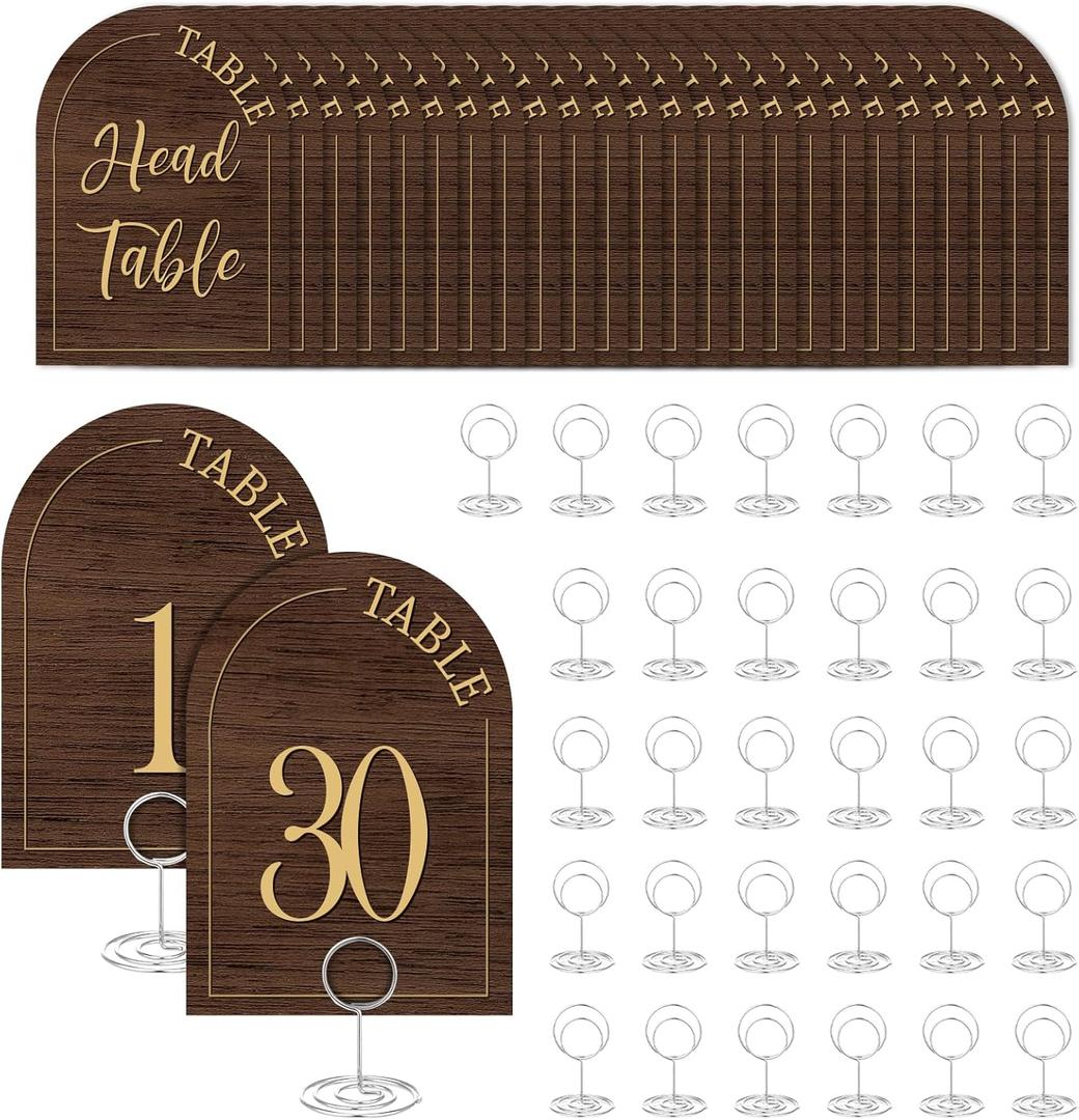 Brown Table Number Cards 1-30 4x5.7in Wedding Table Signs for Reception Dining Table Numbers With Holders Bulk Rustic Wedding Table Numbers with Head Table Card for Banquet Anniversary (Brown)
