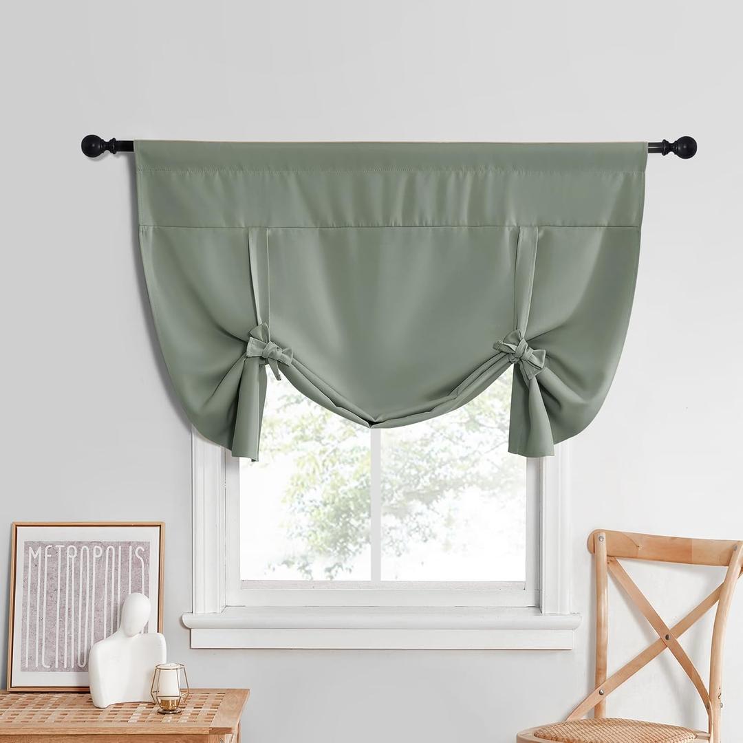 NICETOWN Kitchen Window Curtains for Cabinet, Farmhouse Tie Up Short Curtains for Small Window Thermal Roman Shade Adjustable Valance Balloon Blind for, 52" x 45", Greyish Green, 1 PC