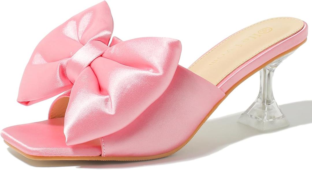 Heiyom Women's Bow Clear Heels Slippers Dress Sandals Square Toe Stiletto Mules Slip on Wedding Prom Shoes (9.5, Pink)