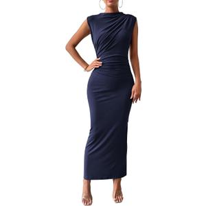 BTFBM Women Ruched Bodycon Maxi Dresses Summer Casual Sleeveless Lightweight Slit Elegant Cocktail Wedding Guest Dress (Blue, S)