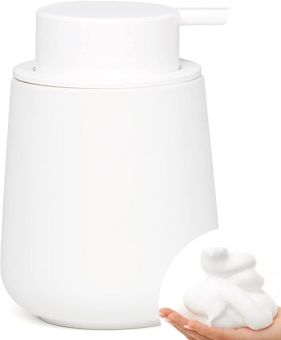 Bosilunlife Ceramic Foaming Soap Dispenser - 12Oz Bathroom Countertop Kitchen Dish Soap Pump Dispenser Foam Soap Dispenser - Rubber Paint White