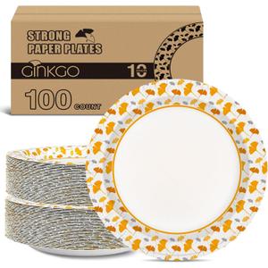 Ginkgo Paper Plates 10 Inch Bulk 100 Count, Heavy Duty Disposable Thanksgiving Plates and Fall Friends Party Paper Plates and Daily Use