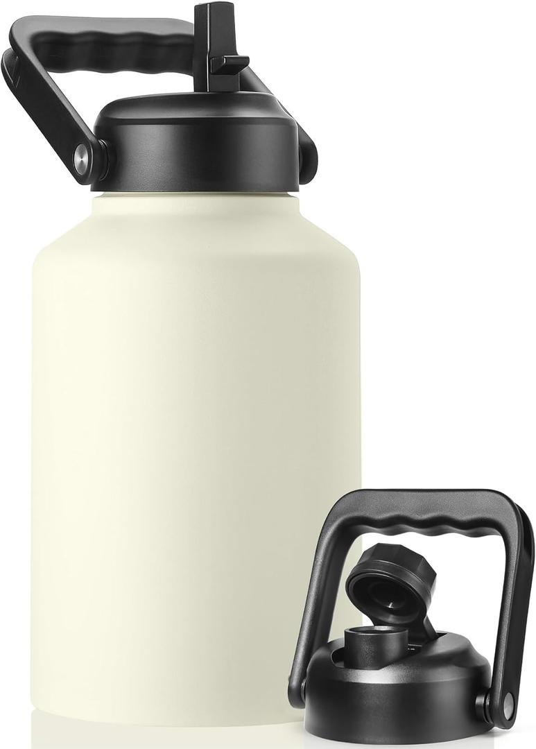 EALGRO Gallon Insulated Water Bottle Jug with Straw, 128 oz Large Stainless Steel Sports Metal Water Canteen With Handle, Thermal Water Cup Mug with 2 Lids, Cream