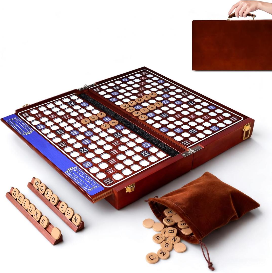 Deluxe Crossword Board Game with Rotating Board, Foldable & Portable Design, Large-Sized Board, Built-in Storage, for 2-4 Players, Includes: Letter Tiles, Wooden Racks, Scorepad Set, Hourglass