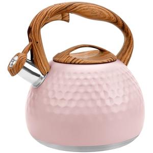 GGC Tea Kettle for Stove Top, Loud Whistling Kettle for Boiling Water Coffee or Milk, 3.1 Quart 3L Heavy Stainless Steel Pink Kettles with Wood Pattern Handle, Unique Button Control Kettle Outle