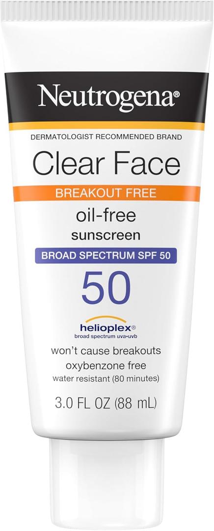 Neutrogena Clear Face Sunscreen Lotion for Acne-Prone Skin, Broad Spectrum SPF 50, Sunscreen for Face & Oily Skin, Oil-,Fragrance- & Oxybenzone-Free, Water Resistant, Matte, Unscented, 3 Fl Oz