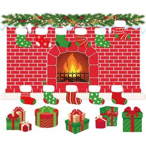66 Pcs Christmas Fireplace Bulletin Board Background Large Holiday Brick Fireplace Backdrop Decoration Stocking Box Gift Cutout Xmas Seasonal Wall Home Classroom Decor(47 x 80 Inch,Red)