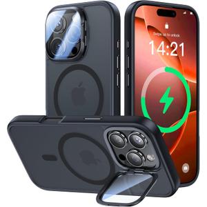 VOFATA [Upgraded] for iPhone 16 Pro Case with Camera Cover Stand [Fit for MagSafe][9H Camera Lens Protector] Mil-Grade Protection Translucent Matte Magnetic iPhone 16 Pro Phone Case, Black