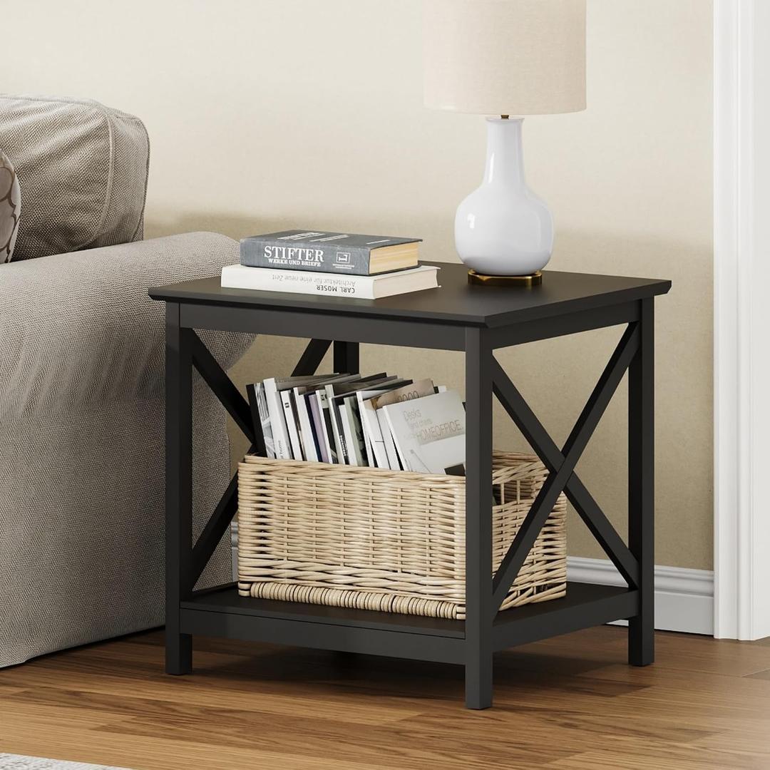 ChooChoo End Table, 24 Inch End Table with 2-Tier Storage Shelf, Side Table for Living Room, Wood Nightstand for Bedroom, Office, Painted Surface, Black