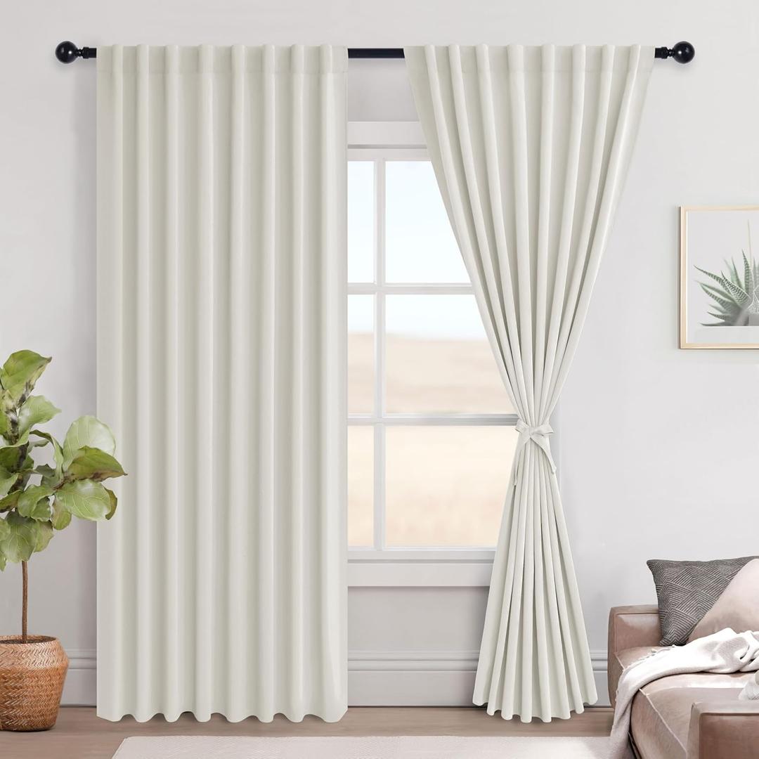 Hiasan Blackout Curtains 84 Inches Long Extra Wide Curtains for Living Room Noise Reducing Blackout Drapes for Bedroom Rod Pocket Room Darkening Drapes with Tiebacks,Ivory,2 Panels,70" X 84"