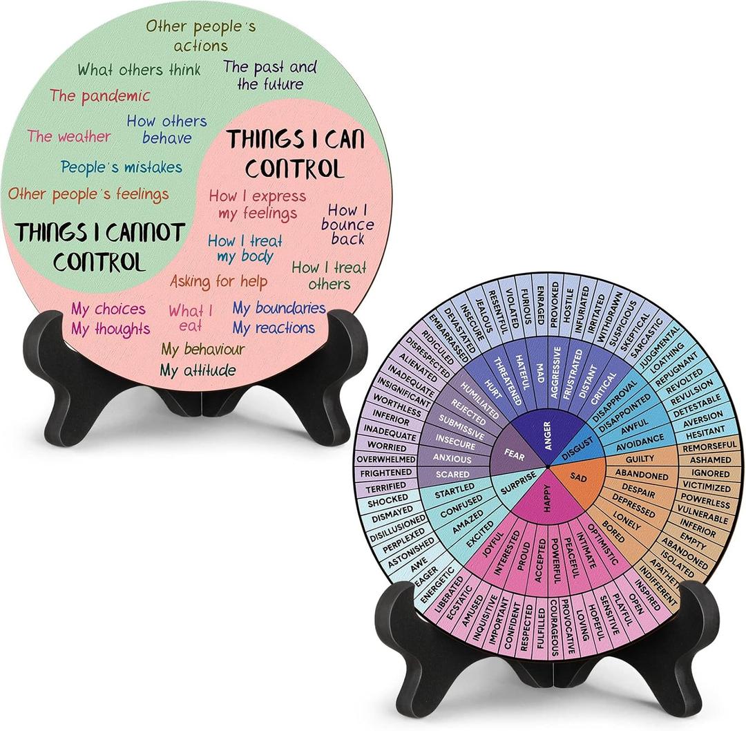 2 Pcs Feelings Wheel Therapy Office Desk Decor Things I Can Control Double Sided Mental Health Emotions Chart with Stand Therapist Gifts Psychology Decor for Home Office Counselor Women Man(Bright)