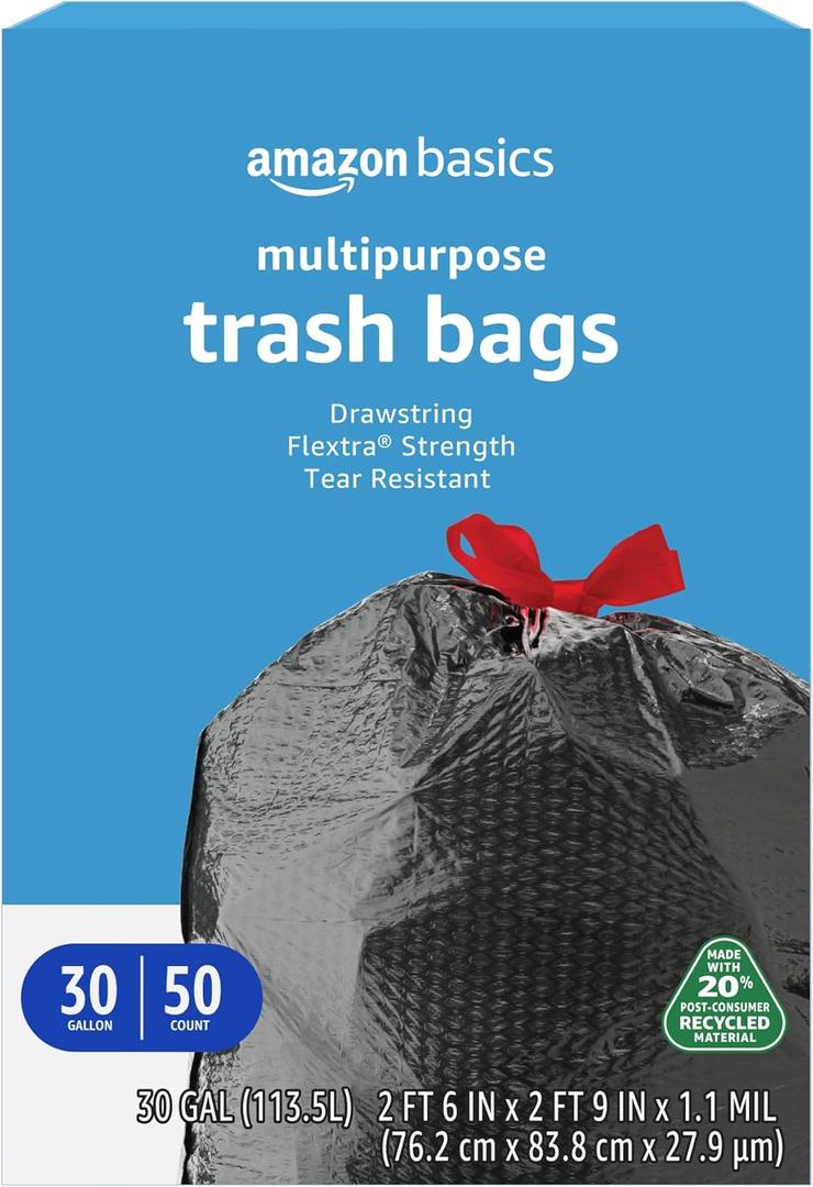 Basics 30 Gallon Flextra Strength Multipurpose Drawstring Trash Bags, 20% Post Consumer Recycled, 50 count