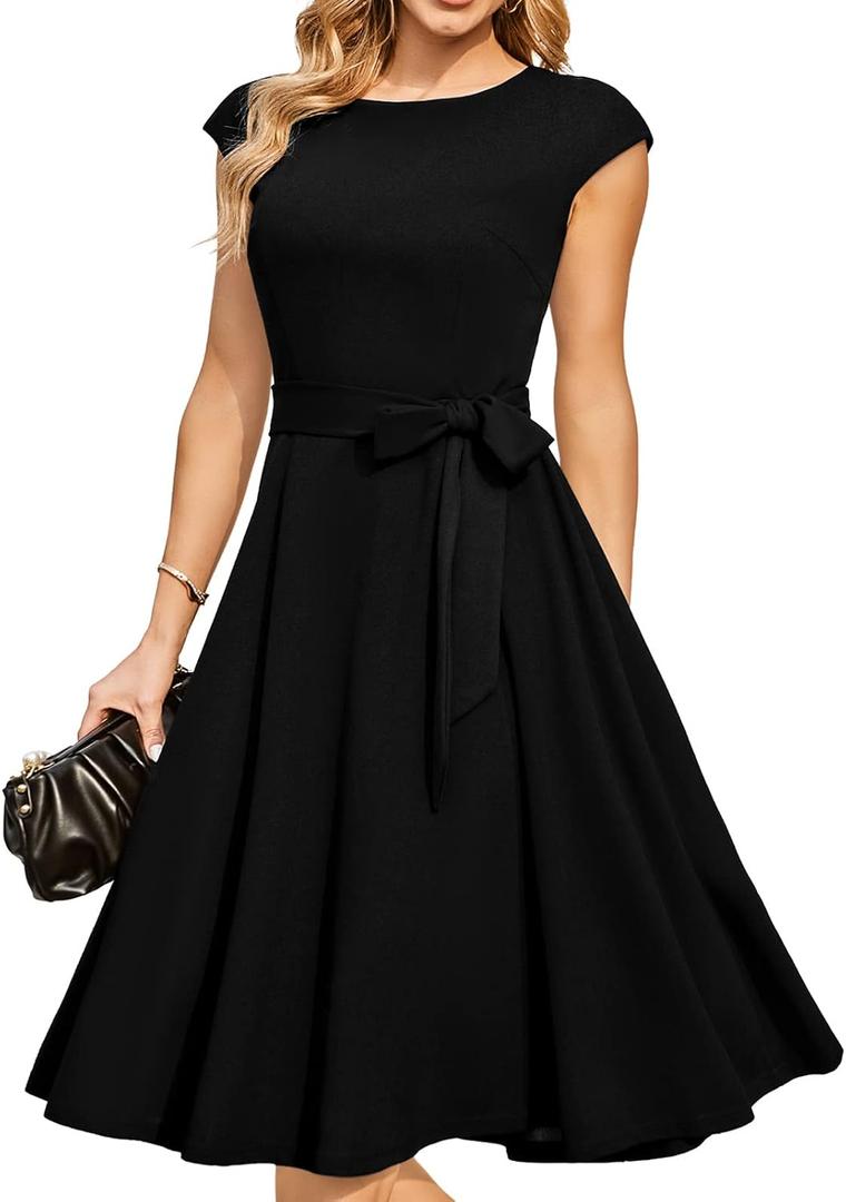 DRESSTELLS Women's Cocktail Dresses, Formal Wedding Guest Modest Church Vintage Tea Party Midi Evening Dress (Black, L)