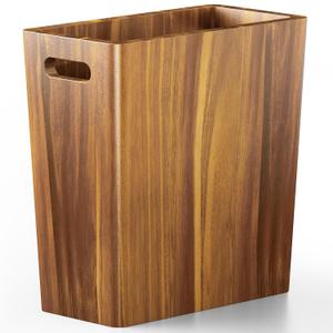 BLUEWEST 2.6 Gallons Wooden Wastebaskets  Solid Acacia Wood Trash Can with Handles, Rectangular Bin for Bathroom, Bedroom, Kitchen, Office  Brown Decorative Basket for Living Room or Under Counter