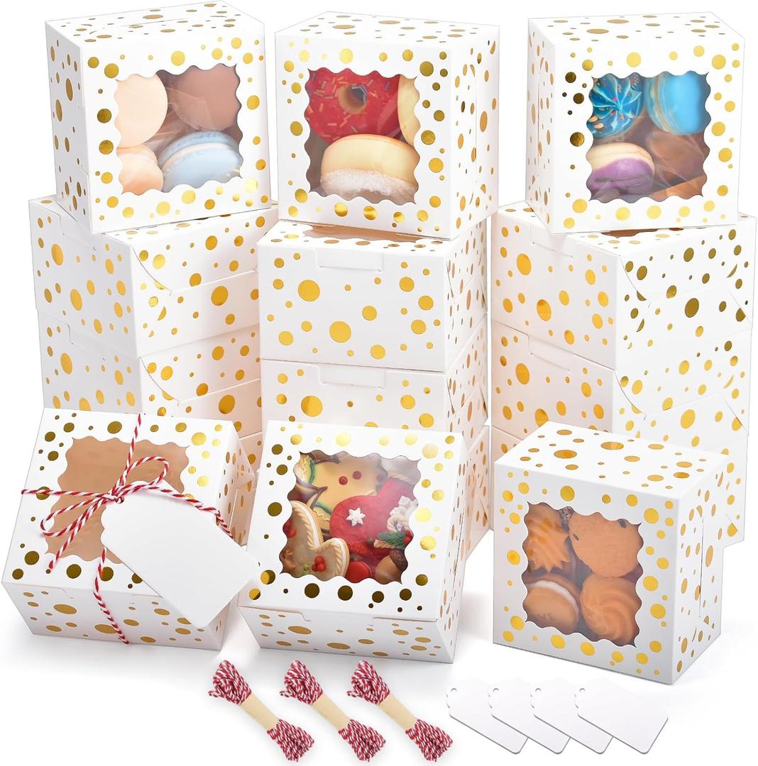 32Pcs 4x4x2.5 in Christmas Cookie Boxes with Window, White Bakery Boxes for Cookie, Treat Boxes Pastry Boxes for Gift Giving, Chocolate Covered Strawberries, Dessert, Donut, Cupcakes Muffins