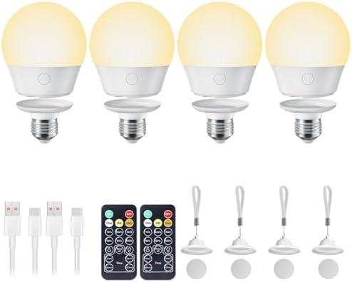 Rechargeable Light Bulb with Remote and Timer for Sconce and Lamp, Battery Backup Night Light, E26 Detachable Charging, Magnetic Base, 3 Lighting Colors, Dimmer, 7W, Lanyard Included, 4 Pack