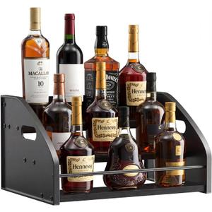 Countertop Liquor Bottle Organizer Shelf Rustic Display Rack for Wine & Coffee Syrups, Freestanding Bar and Kitchen Storage with Easy-Carry Handles (3-Tier)