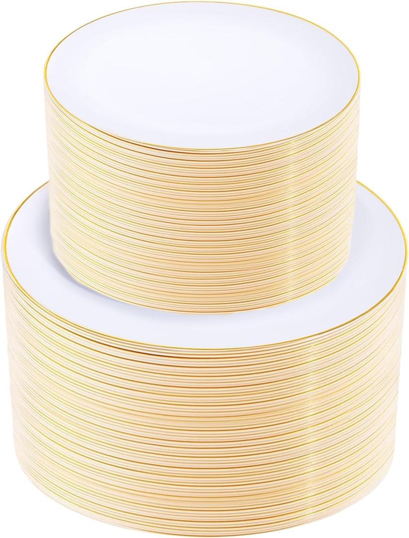 100 x KIRE 200PCS Gold Plastic Plates - Disposable Plates for Party - White Plastic Plates with Gold Rim Include 100 for Dinner and 100 for Dessert/Salad in Wedding/Party/Spring/Graduation/Mother's Day