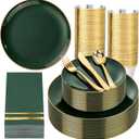 NOCCUR 350PCS Green Plastic Plates - Disposable Green Gold Dinnerware Set for 50 Guests, 100 Dinner/Dessert Plates, 150 Gold Silverware, 50 Cups&50 Napkins for Party Wedding Spring