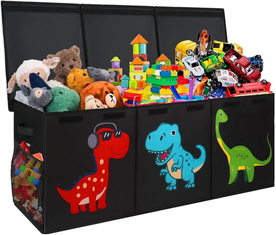 Extra Large Toy Box, Collapsible Sturdy Toy Storage Organizer with Lids, Dinosaur Toy Box for Boys Girls, 40"x16"x16" Kids Toy Chest Bin Baskets for Living Room, Playroom, Bedroom, Nursery, Black