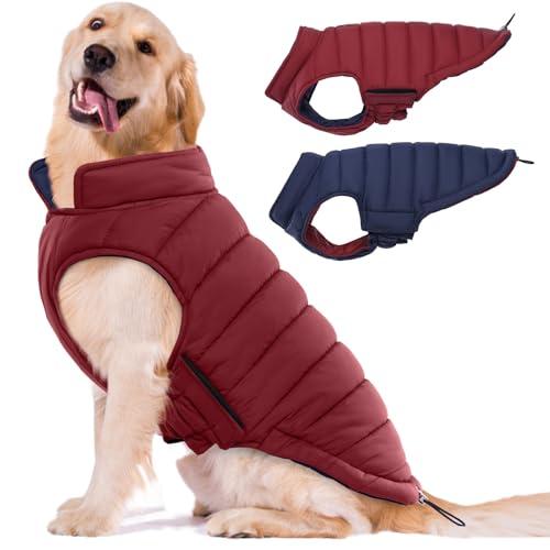 Lelepet Reversible Dog Coat Waterproof Dog Jacket Windproof Puffer Vest for Winter Warm Lightweight Coats for Medium Dogs Adjustbale Hook & Loop Pet Apparel with Leash Hole, French Bulldog, Red L