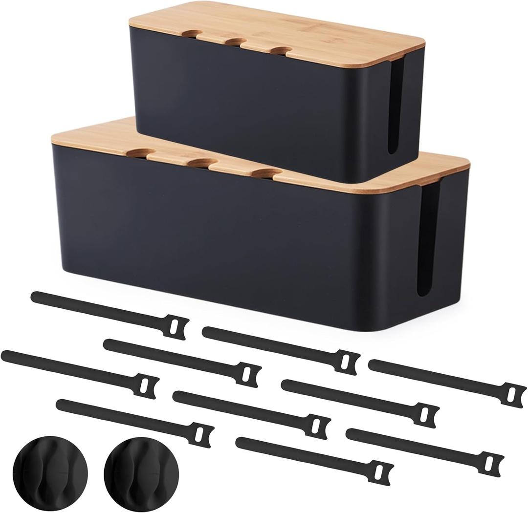 Cord Organizer Box Black 2 Pack, Wooden Cable Management Box with Cable Clip Holders and Reusable Cable Ties, Cord Management Box Cable Organizer Box with Bamboo Lid for Power Strip Extension Cord
