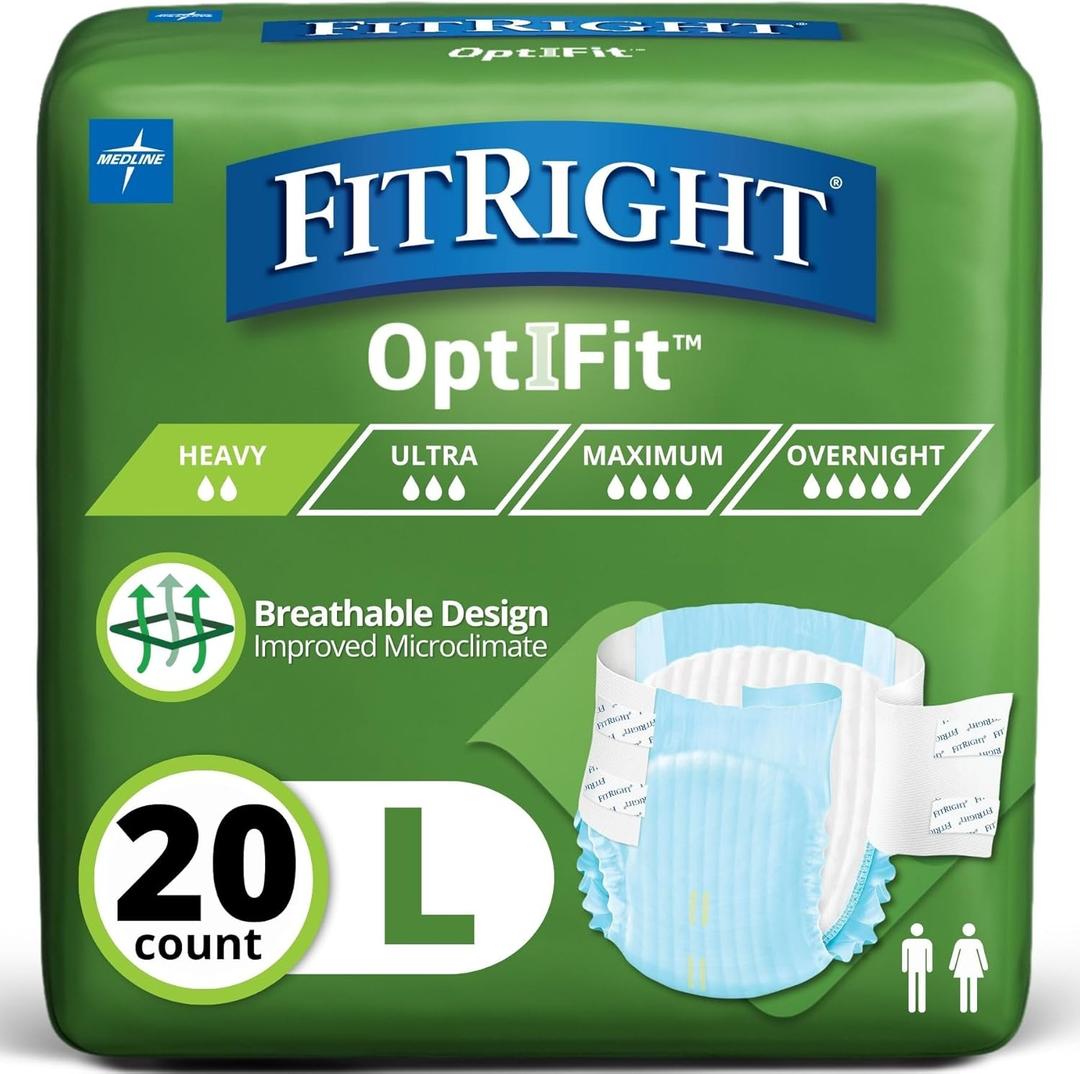 FitRight Adult Diapers, Extra Heavy Absorbency, L (Waist Size 44in-56in), 20 Count, OptiFit Incontinence Briefs for Men and Women, Disposable, Moisture Wicking, Leak Protection,