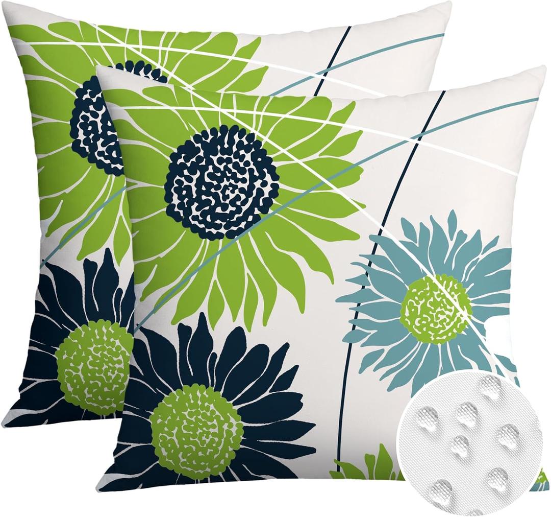 Artscope Sunflower Outdoor Throw Pillow Covers 20x20 Inch Set of 2 Double-Sided Printing Waterproof Spring Summer Outdoor Pillowcases for Couch Patio Funiture Garden Porch Decor-Green Dark Blue