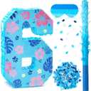 Hawaii Number 6 Piata 16 Inch Blue Tropical Theme Piata with Stick Blindfold Confetti for Birthday Party Supplies Decorations Anniversary Celebration