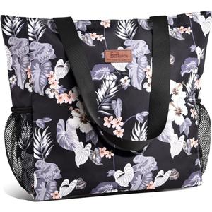 Buringer Large Waterproof Beach Bag for Women Sandproof Tote Bag with Zipper and Pockets Pool Bag for Travel Gym Vacation (Floral)