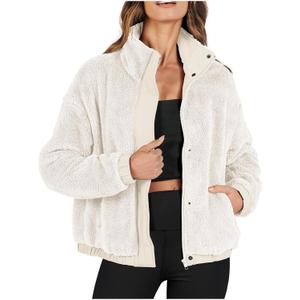 Womens Fleece Jacket 2024 Winter Fashionable Coat Long Sleeve with Full Zipper and Pocket Teddy Coats (Large, White)