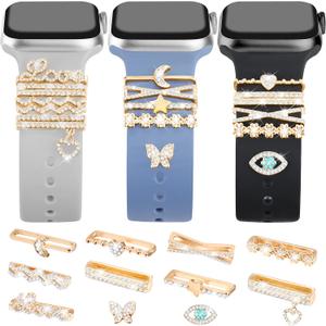JR.DM 11-Pcs Super Bling Watch Charms with 9-Pcs Decorative Rings Loops 2-Pcs Decoration, Compatible with Apple Watch Band Metal Diamond Sliding Accessories for iWatch Series 11 10 9 8 7 6 5 4 3 2 1 (One Size, Gold)