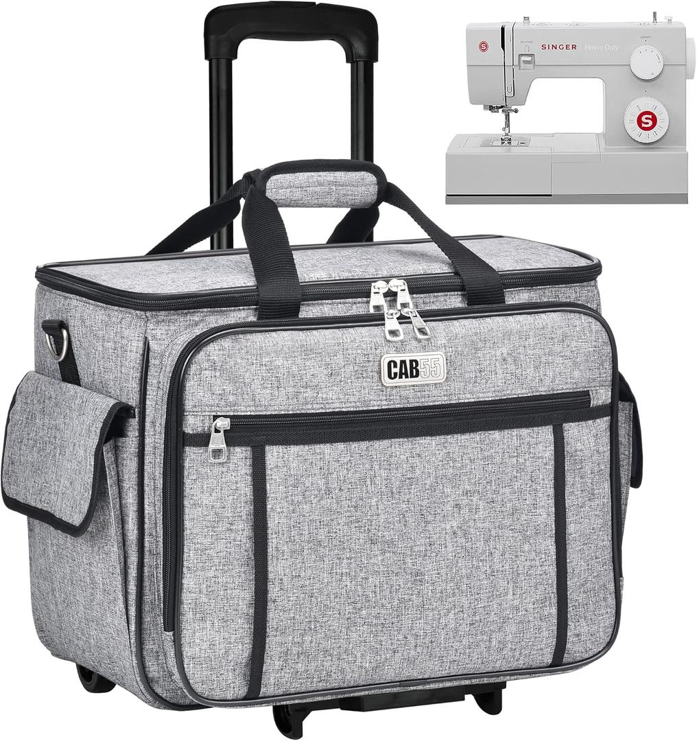 CAB55 Rolling Sewing Machine Case, Detachable Rolling Sewing Machine Carrying Case on Wheels, Trolley Tote Bag with Removable Bottom Wooden Board for Most Standard Sewing Machine and Accessories (Grey)