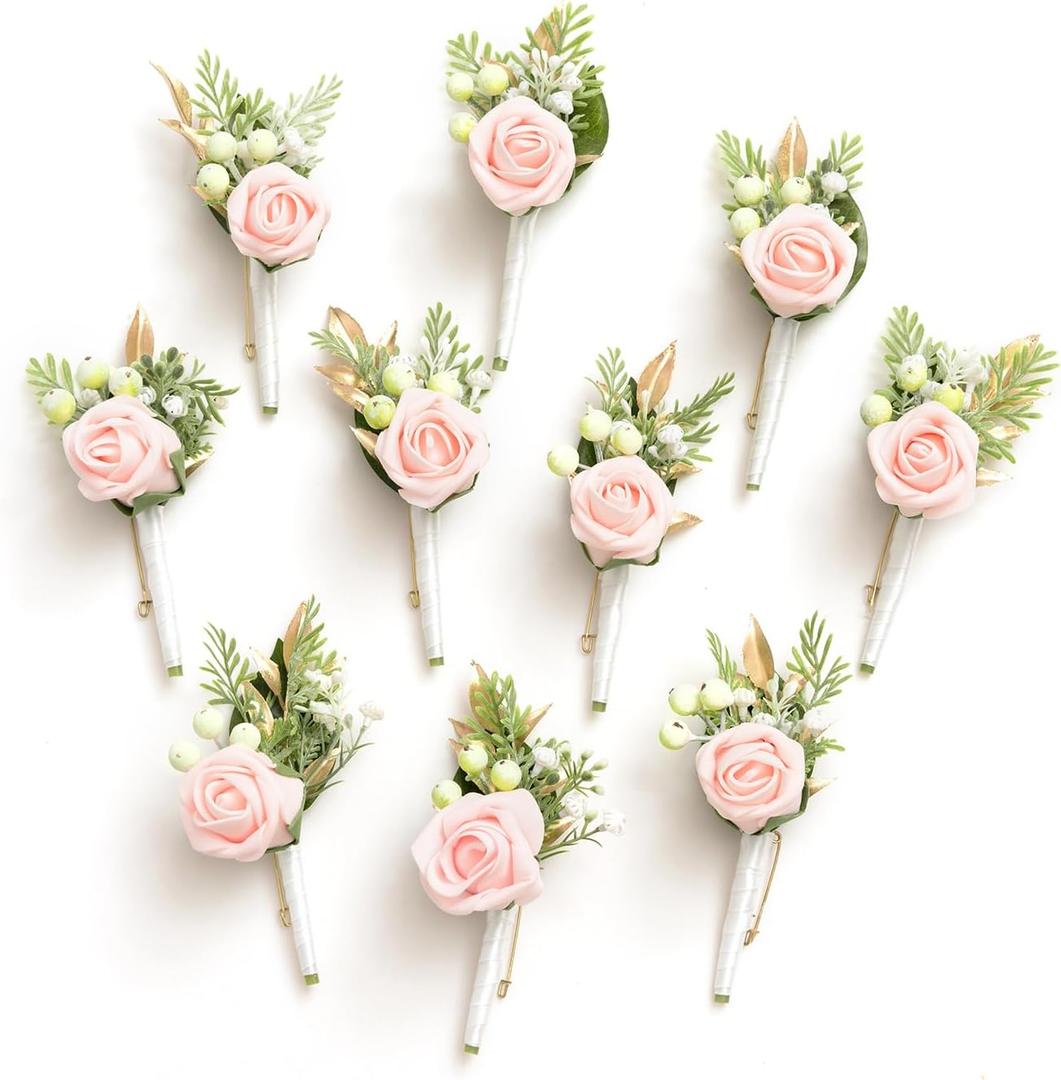 Ling's Moment Boutonniere for Men, 10pcs Groomsmen Guest Boutonniere, Artificial Flowers for Wedding Dcor/Prom/Homecoming, etc. Blush Pink