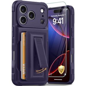 for iPhone 17 Pro Case with Card Holder4-5 Cards[9H Screen Protector ][Full Camera Protection][RFID Blocking][Hidden Kickstand] Rugged Heavy Duty Wallet Case for iPhone 17 Pro (Dark Purple)