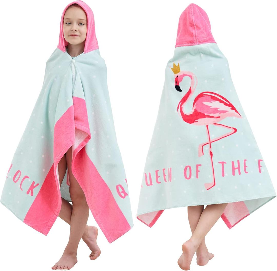 Kids Bath Towels, Kids Towel Girls Boys Hooded Beach,Bathroom,Pool Swim Towels 30  50 INCH Large Size Ultra Absorbent Cute Cartoon Animal Full Vitality 100% Cotton Wearable Wrap for Child (Crown Flamingo)