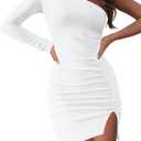 XXTAXN Women's Sexy Elegant One Shoulder Long Sleeve Cocktail Party Split Mini Dress White (White, Medium)