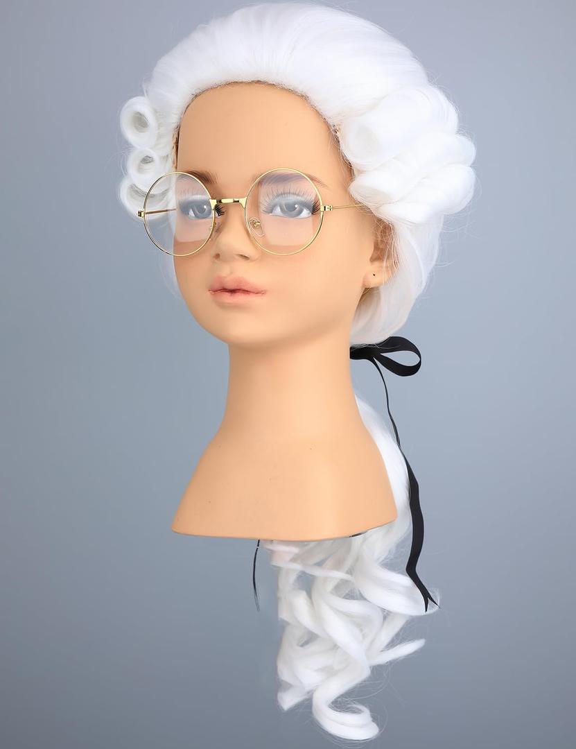 morvally Kids Colonial Judge Wig and Glasses 18th Century Costume White Powered Hair Wig for Children Halloween Costume Cosplay (White)