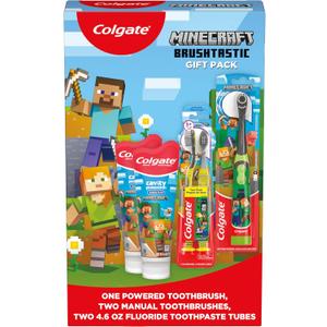 Colgate Kids Minecraft Toothbrush and Kids Toothpaste Gift Set, Includes Minecraft-Themed Battery Toothbrush, 2 Bubblegum Flavored Fluoride Toothpastes, and 2 Manual Toothbrushes