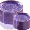 Rubtlamp 100Pcs Purple Gold Plastic Plates, Purple Disposable Plates With Gold Rim, Hammered Plastic plates Include 50 Clear Dessert Platos, 50 Dinner Platos for Party