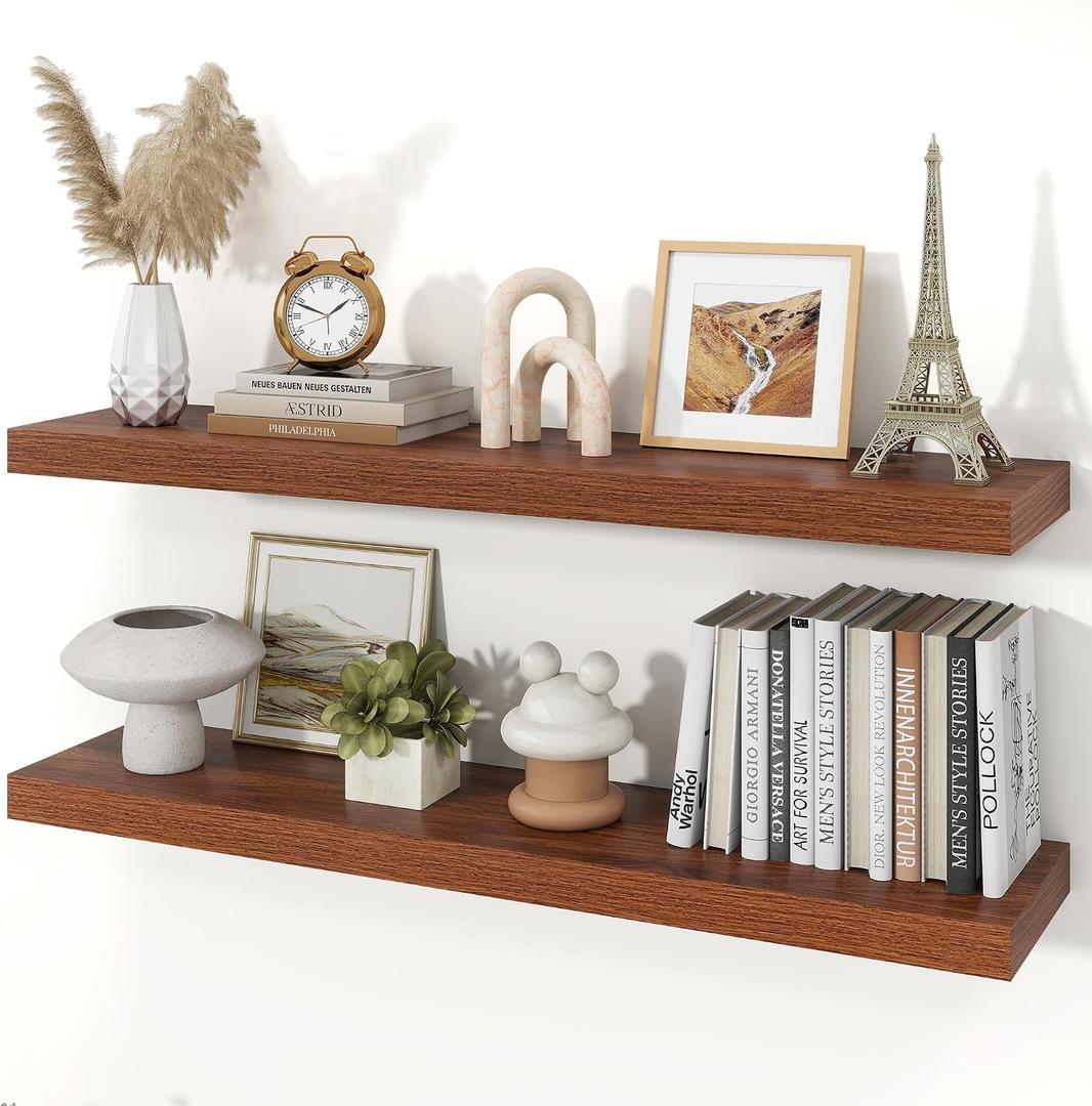 Floating Shelves for Wall, 9.3" Deep Wall Mounted Wood Shelves for Bathroom, Bedroom, Living Room, Kitchen, Hanging Shelf for Books/Storage/Room Decor (Walnut, 40"), 40" Set of 2