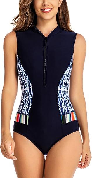 Women's One Piece Swimsuit Sleeveless Rash Guard Zip Floral Bathing Suits Swimwear, M