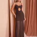 EYNMIN Spaghetti Strap Maxi Dress V Neck Cut Out Ruched Bodycon Mesh Long Formal Wedding Guest Dresses for Women (Brown, M)