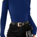 RoseSeek Women's Turtleneck Cut Out Cold Shoulder Tops Tee Long Sleeve Slim Fit Casual Basic T Shirt (Blue, L)