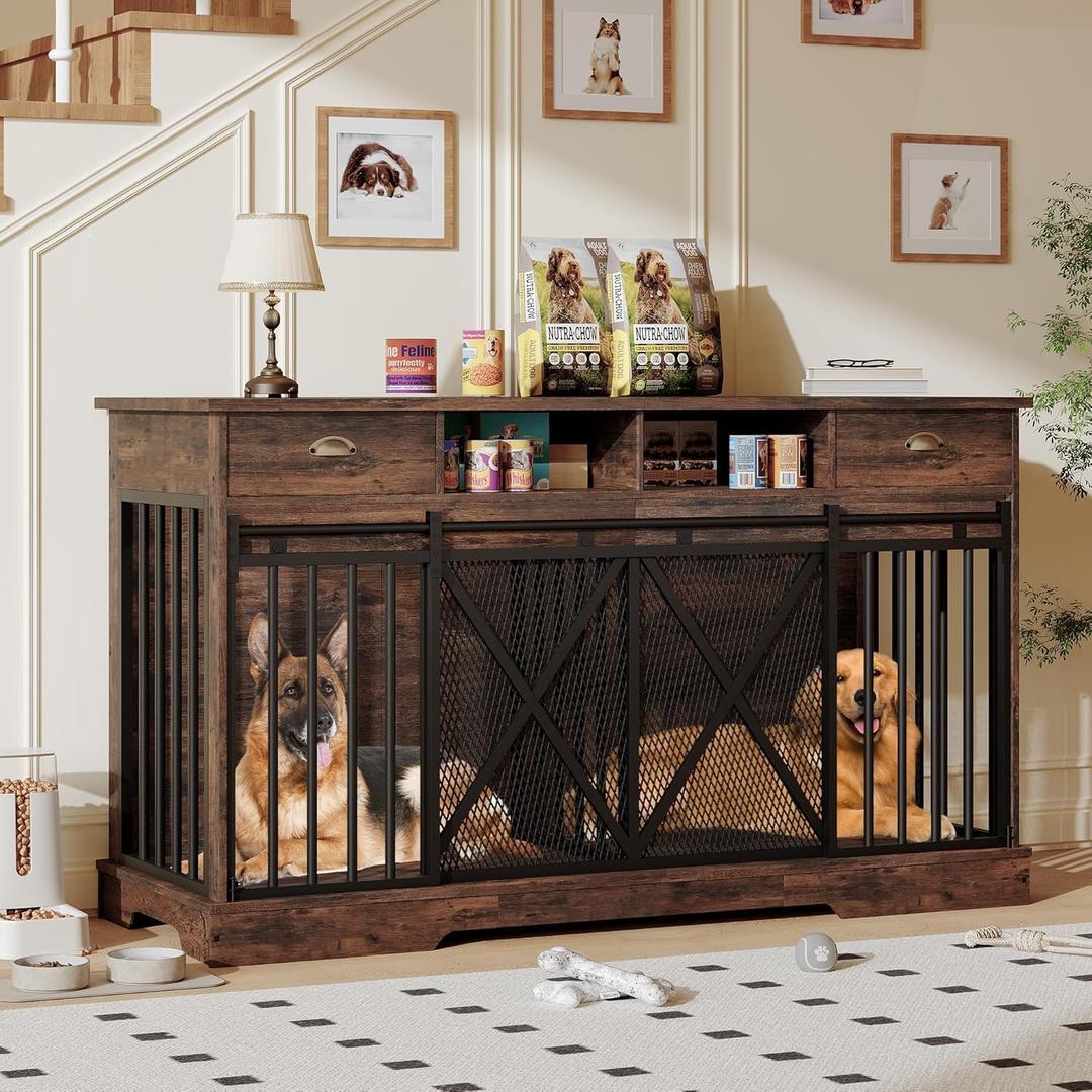 63 Inch Dog Crate Furniture with Double Doors, Modern Farmhouse Indoor Kennel for Small to Medium Dogs, Dual-Drawer Storage Table, Media Console TV Stand and Sideboard, Versatile Pet Cabinet
