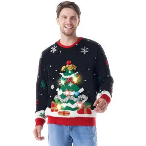 Giggling Getup Ugly Christmas Sweater with Light, LED Ugly Christmas Sweater for Women Men Kids 2025 Christmas Tree (Black), L