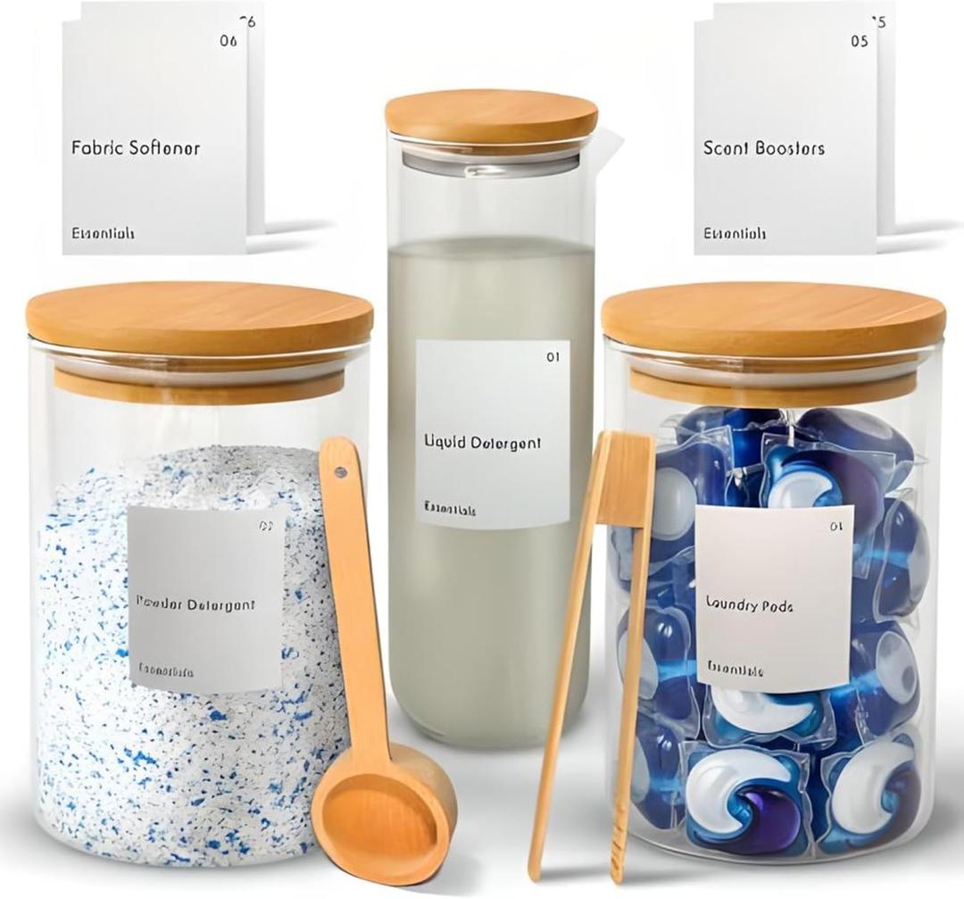 IVIZA Glass Laundry Detergent Dispenser & Storage Set  Liquid Detergent Pump, Fabric Softener Dispenser, Laundry Powder Jar & Dryer Sheet Holder  Complete Laundry Organization Set