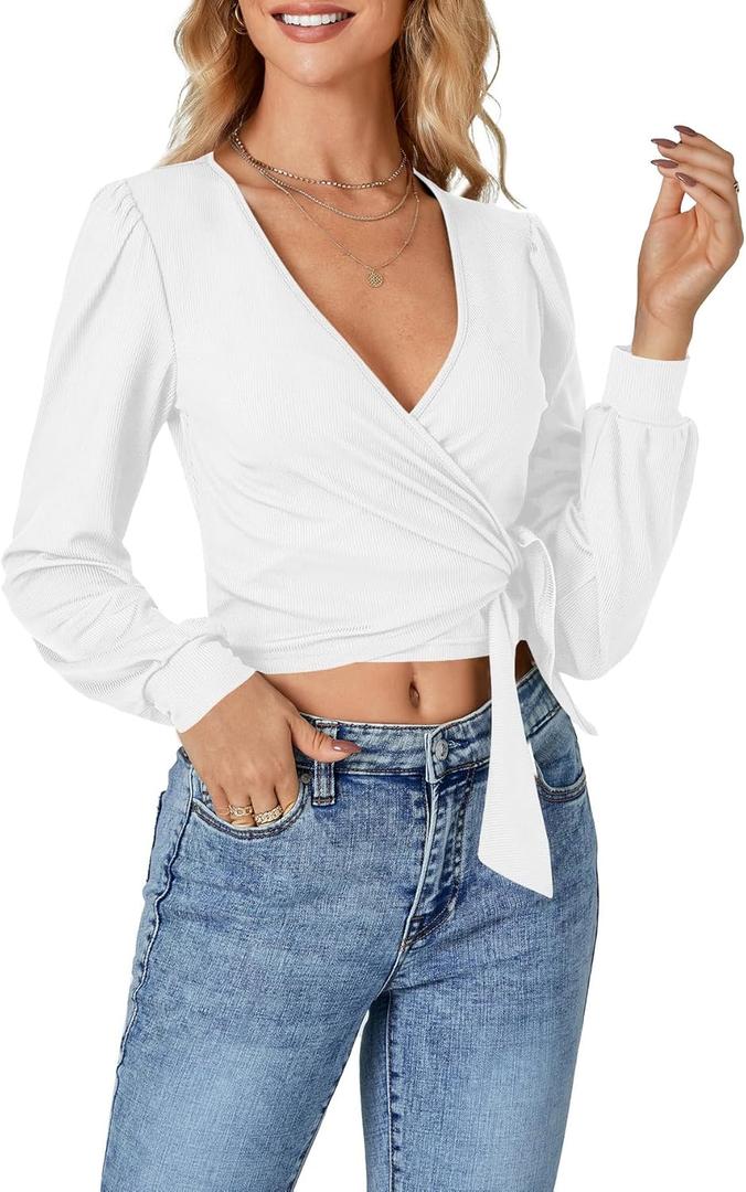 LYANER Women's Wrap V Neck Self Tie Knot Bishop Long Sleeve Ribbed Knit Crop Blouse T-Shirt Top (White, S)