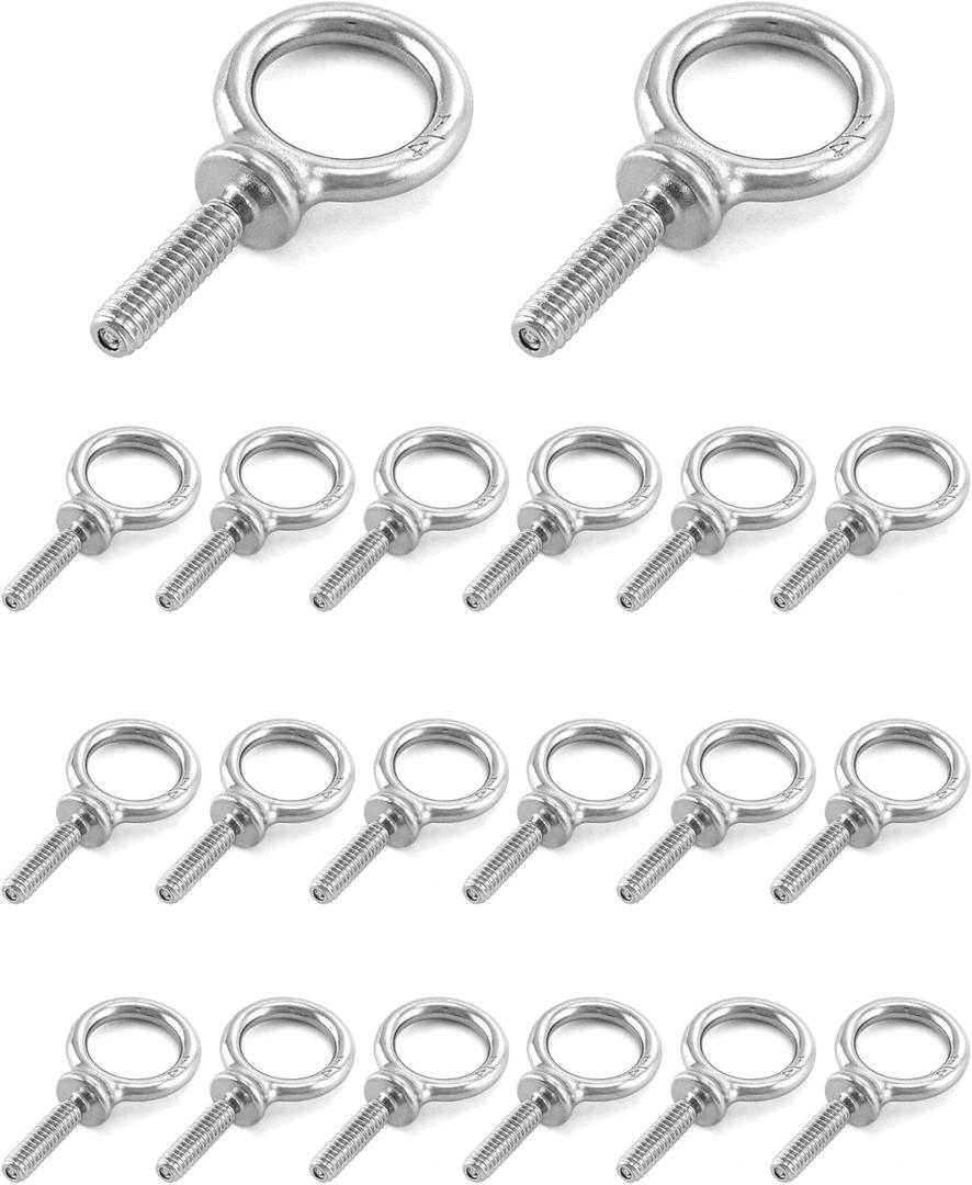QWORK Eye Bolt, 20 Pack 1/4" - 20 x 1 Marine Grade Stainless Steel Lifting Ring Threaded Eyebolt Machinery Shoulder Eyebolts